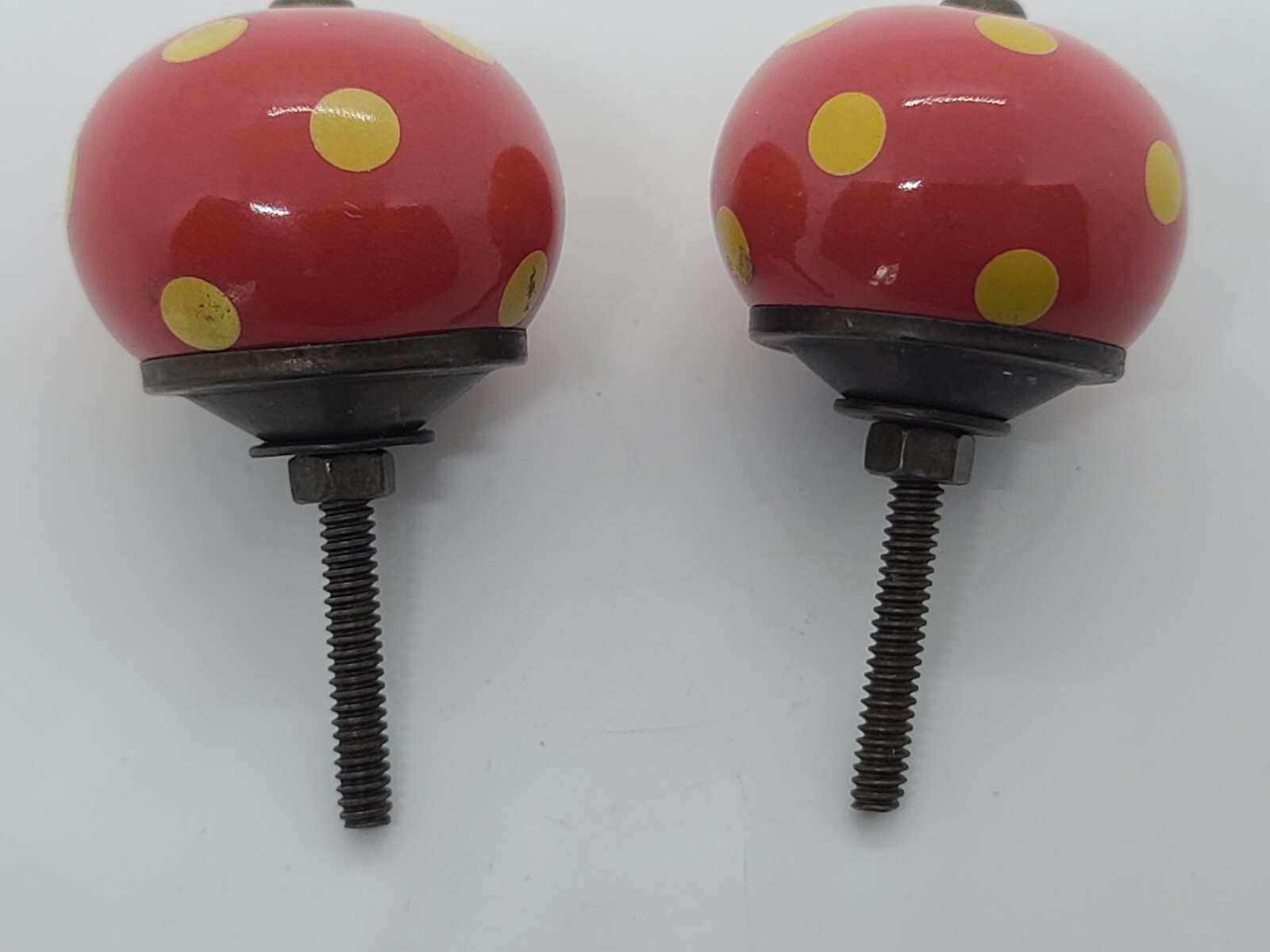 Antique Pair Red Round Porcelain with Yellow Spots Drawer Cabinet Pull Handles