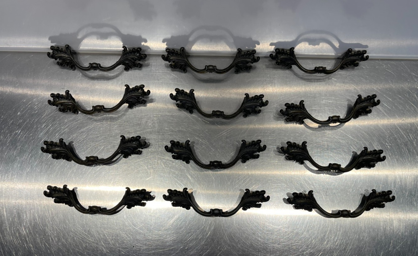 12 Used Vintage French Provincial Drawer Pulls Ornate Leaves 3” Allison Japan
