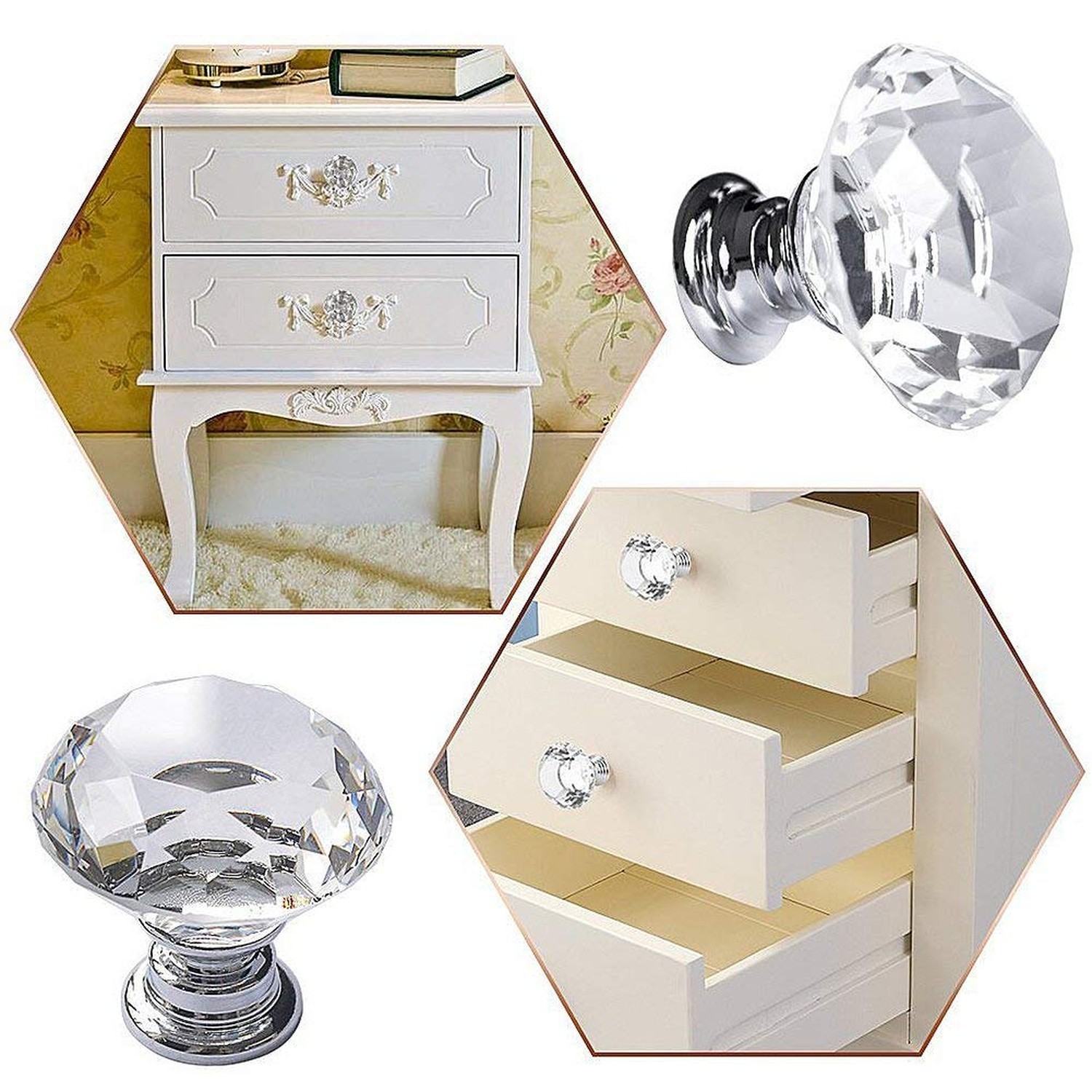 10 Pcs White Clear Crystal Glass Cabinet Knobs 30mm Diamond Shape Drawer Kitc…