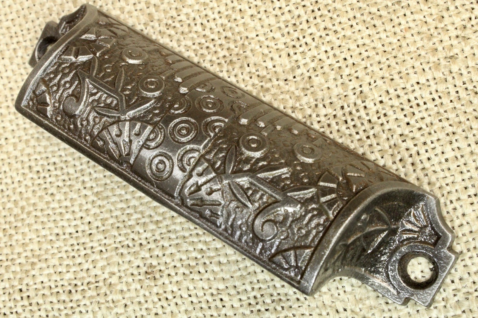 Old Drawer Bin Pull Handle 4 1/4” Rectangular Windsor 1880’s Cast Iron Floral