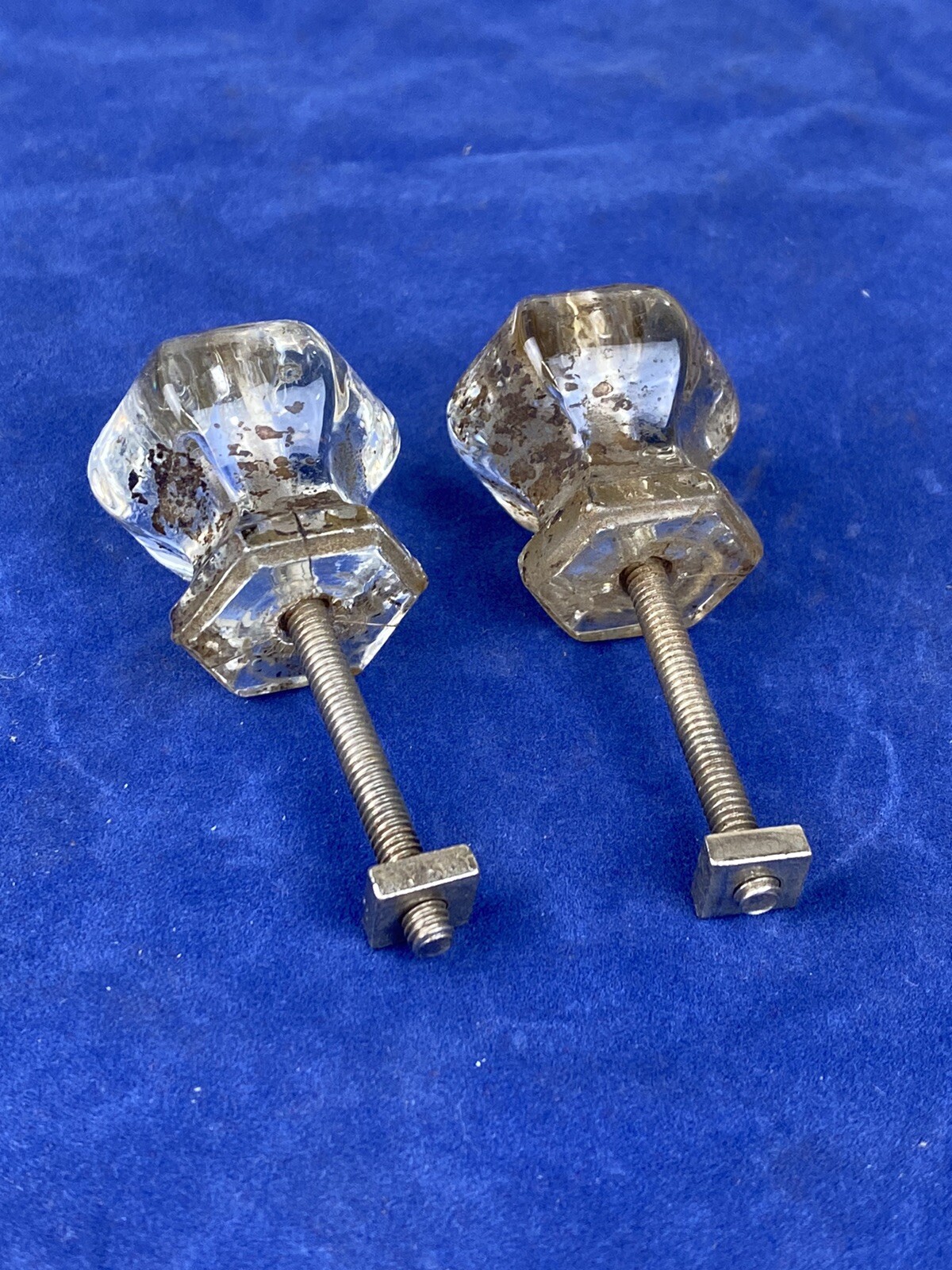 Pair Antique 6 Sided Hexagon Glass Pulls, Cabinet or Drawer Pulls, No Chips!