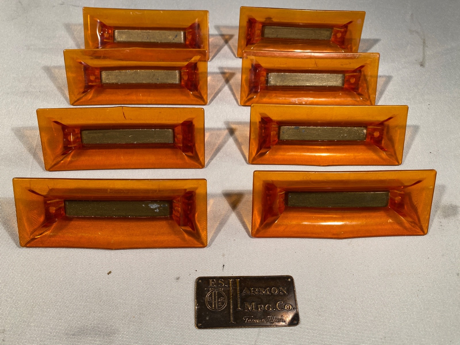 Lot of 8 Vintage MCM Plastic Orange Drawer Pulls and screws from Harmon Dresser