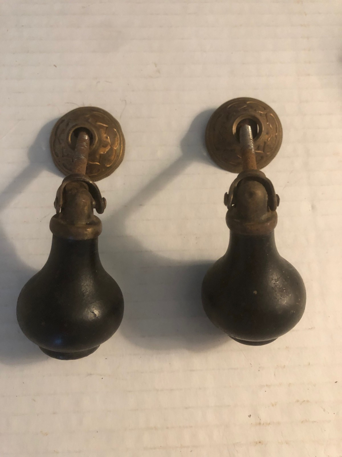 2 Antique? Victorian Brass & Black Ebony Wood Tear Drop Drawer Pulls Hardware