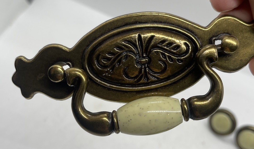 Brass Drawer 3 Pulls And w Knobs With Beige Ceramic Bead Center Vintage