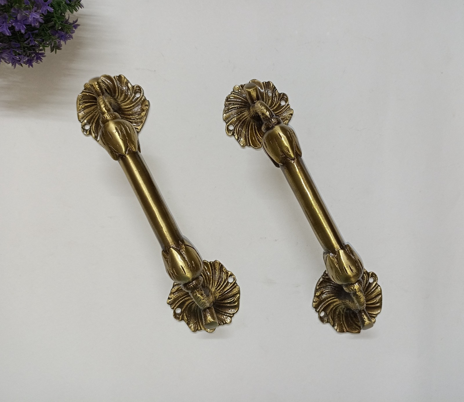 Lacquered Brass Flower Base Door Pull Floral with Twigs Design Handle Pair GTX