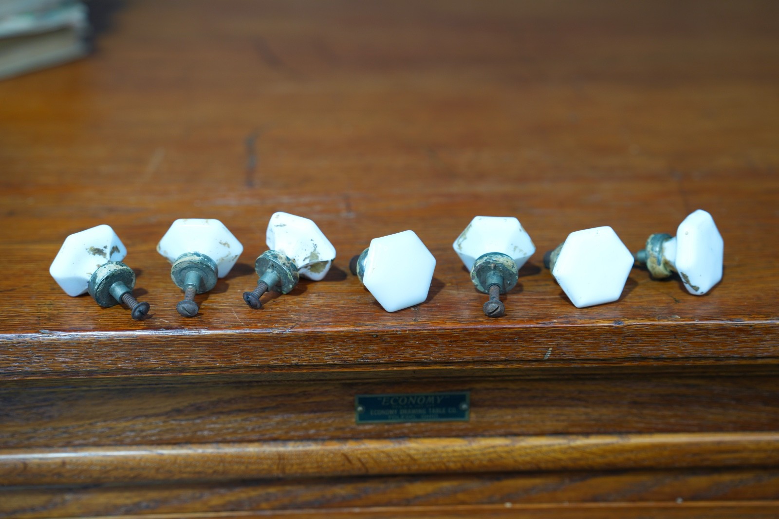 Vintage Dental Medical Cabinet Milk Glass Drawer Knob Pulls Hex Shape Hardware