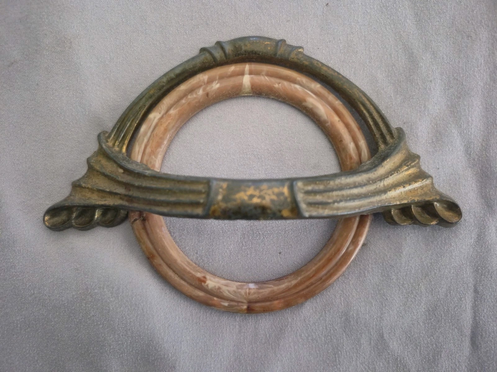 Vintage Art Deco Bakelite Drawer Pulls Peach Pink Marble Wheat Sheaf Hardware