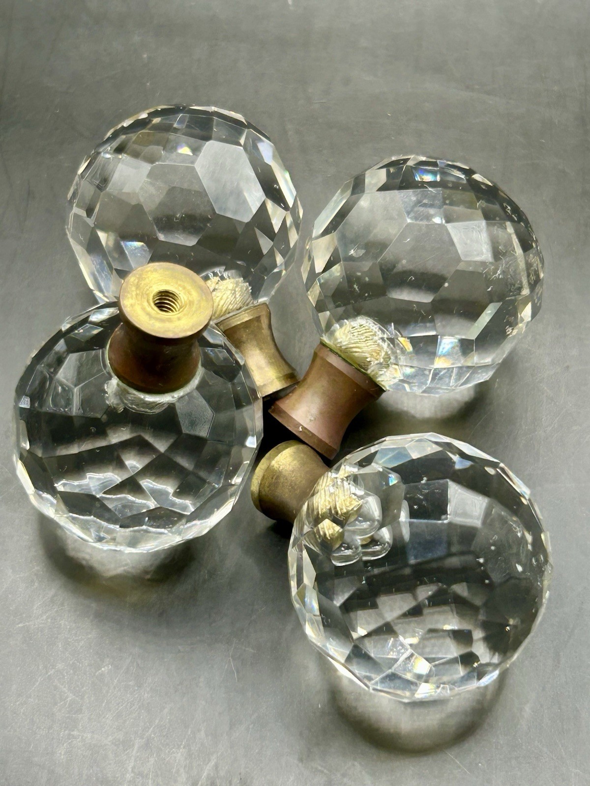 (4) Vintage Round Crystal Faceted Lamp Finials Drawer Pull Knobs/Brass Finish