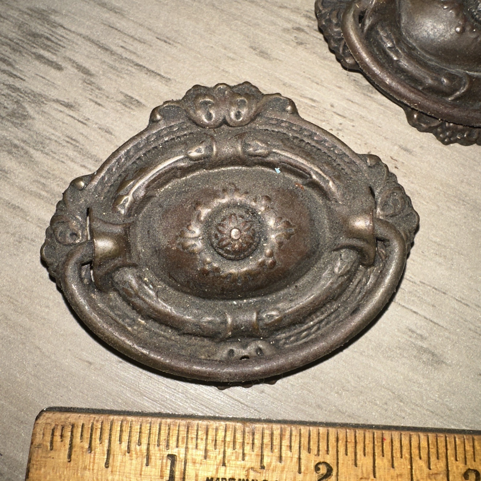 3 Antique Drop Handle Drawer Pulls. Beautiful Details & Patina!