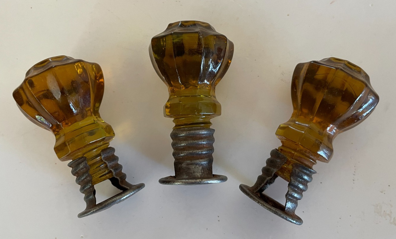 ONE Antique Amber Glass Faceted Knob Pull w/ Threaded Post and Screw Original
