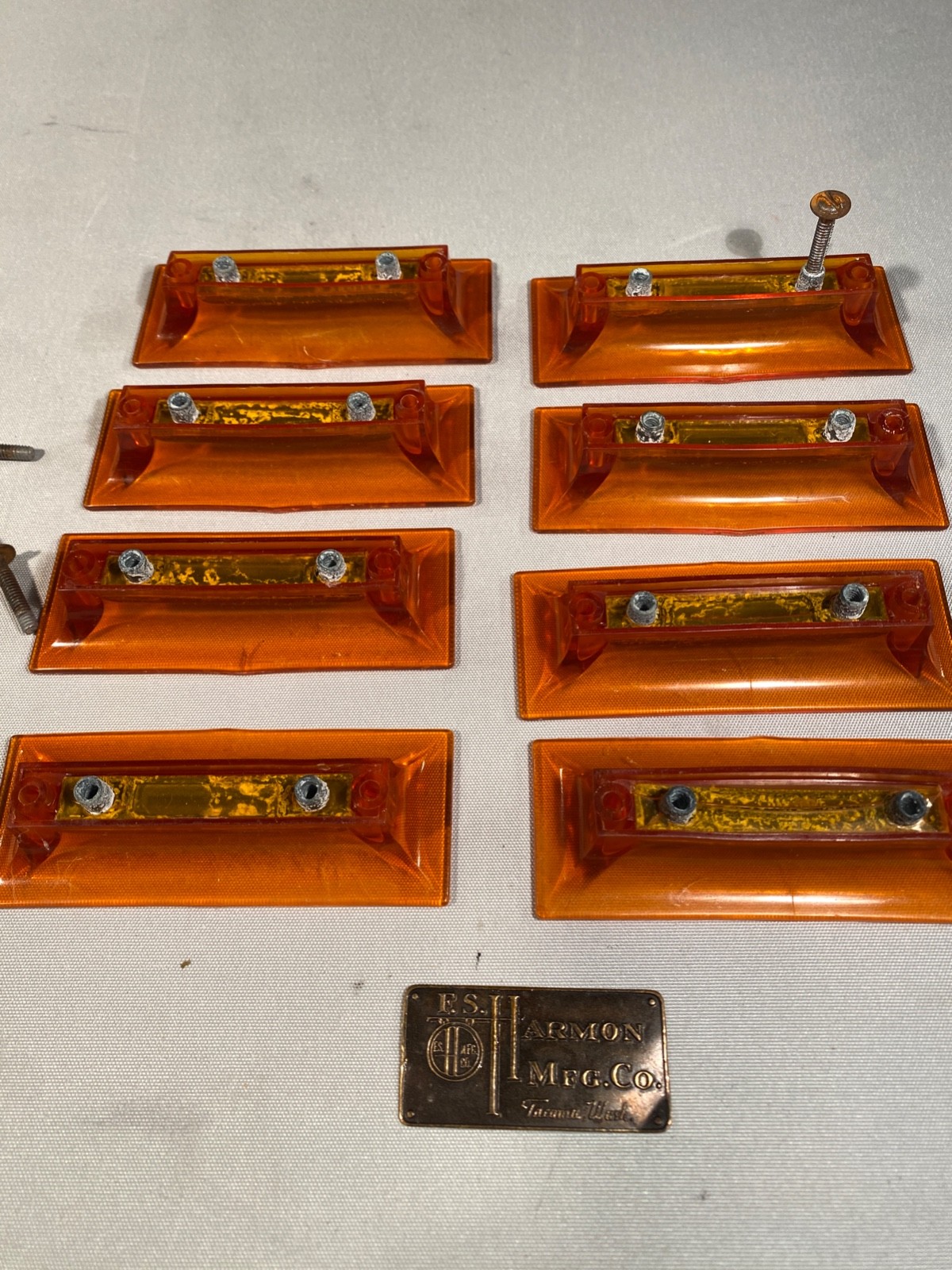 Lot of 8 Vintage MCM Plastic Orange Drawer Pulls and screws from Harmon Dresser