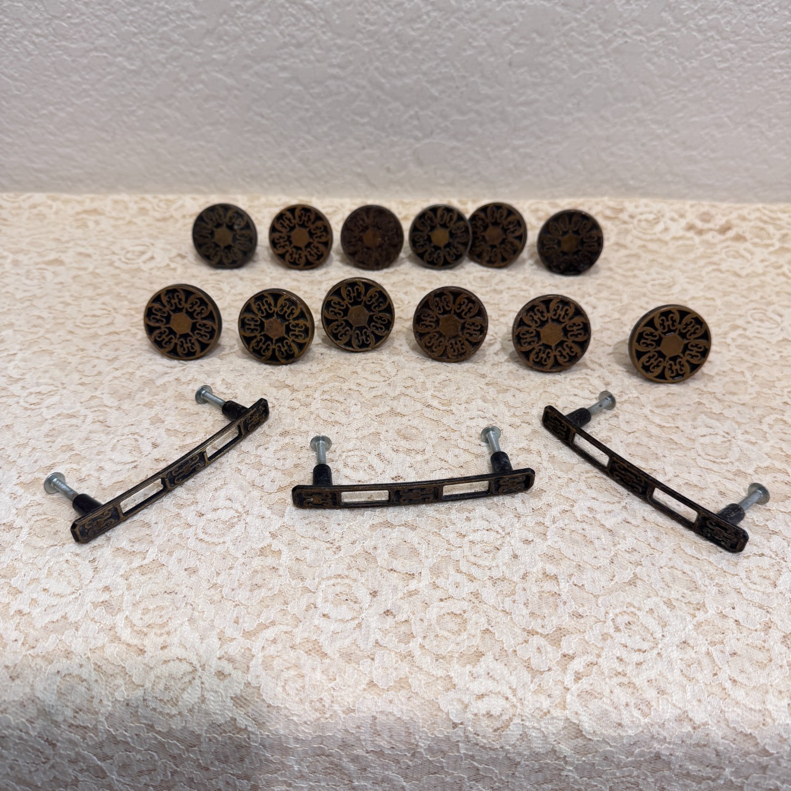 15pc Vintage JB JayBee Brass Cabinet Knobs Drawer Pulls Patina Hardware Lot