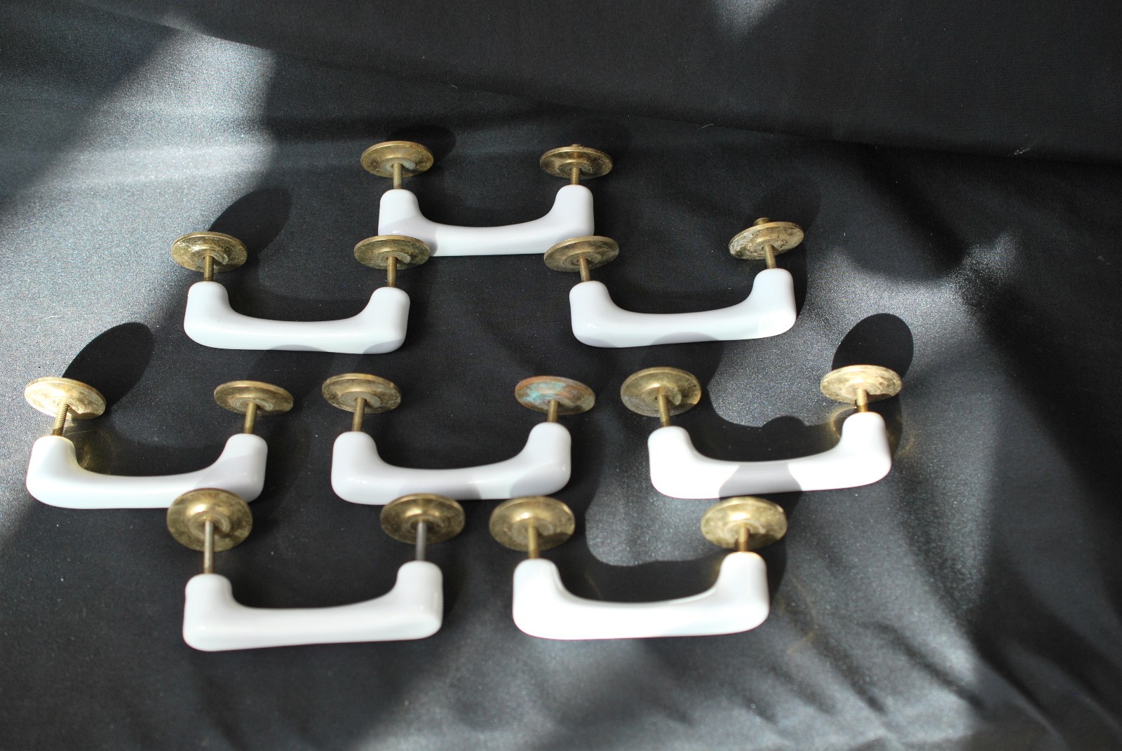 Lot of 8 Vintage White Heavy Ceramic Drawer Pulls With Sturdy Brass Eschutcheons
