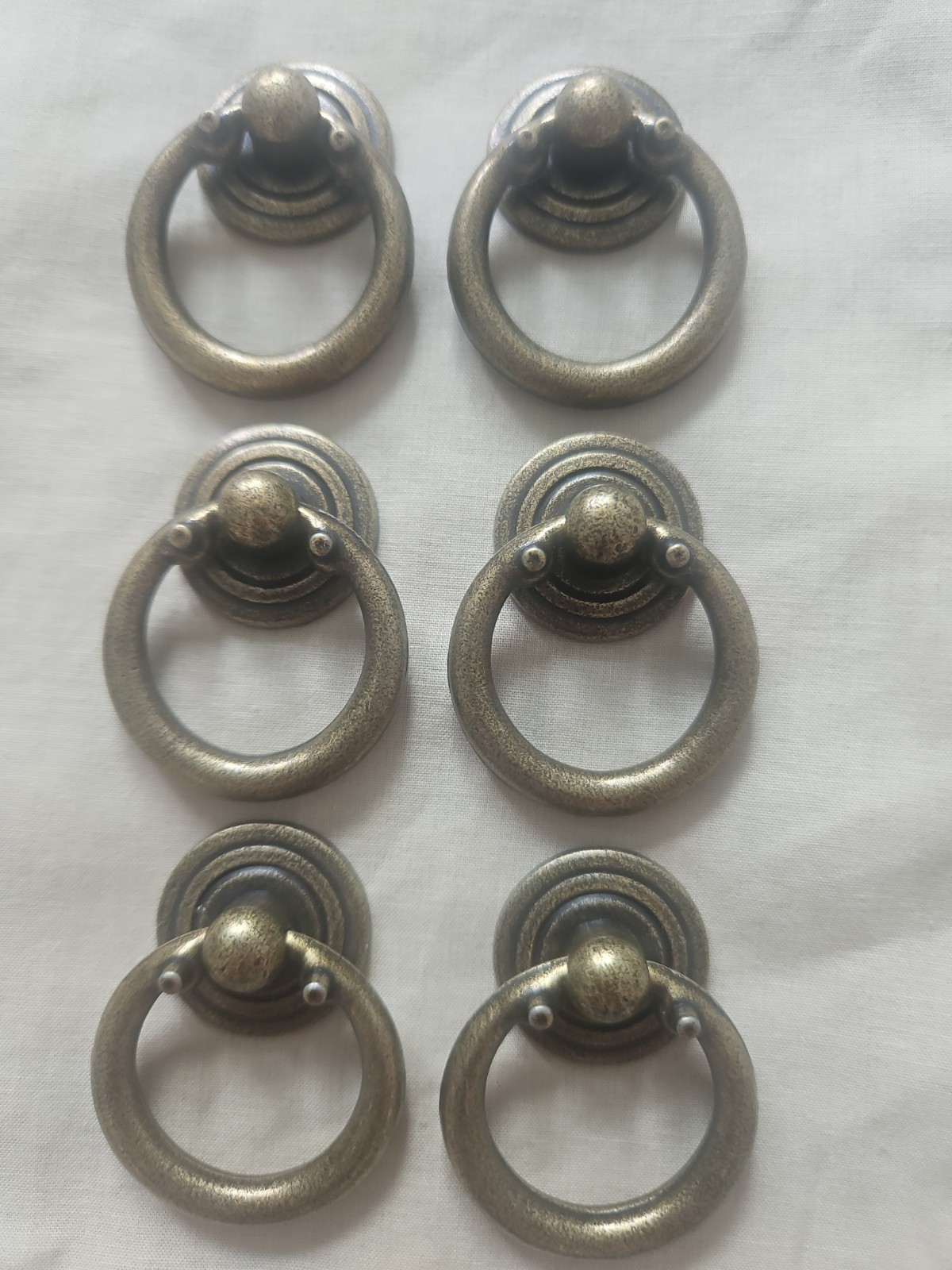 6 Antique Brass Drawer Pulls With Rings. 1 Inch Back Plate