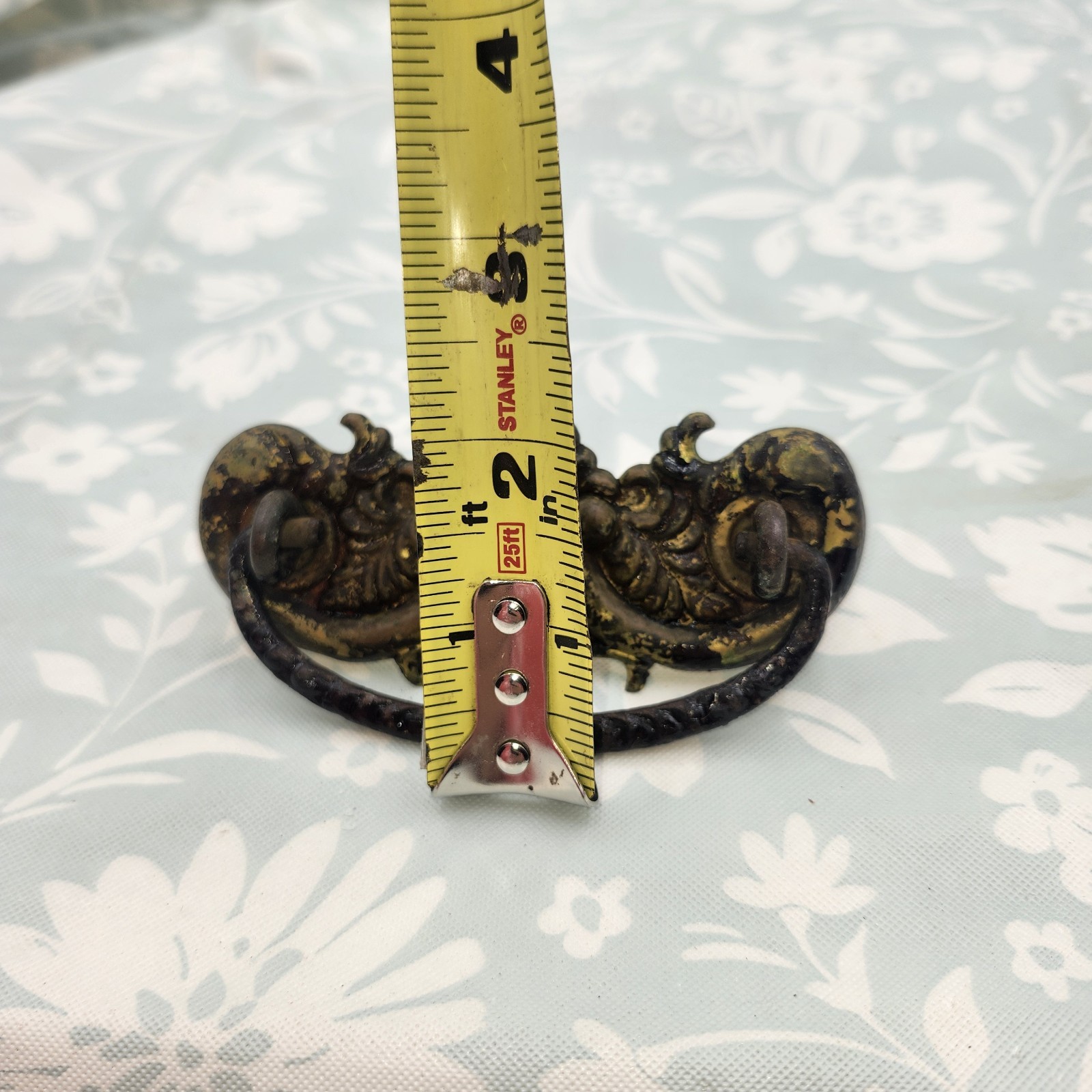 Brass Victorian Handle Antique Ornate drop bail Pull back plate stamped