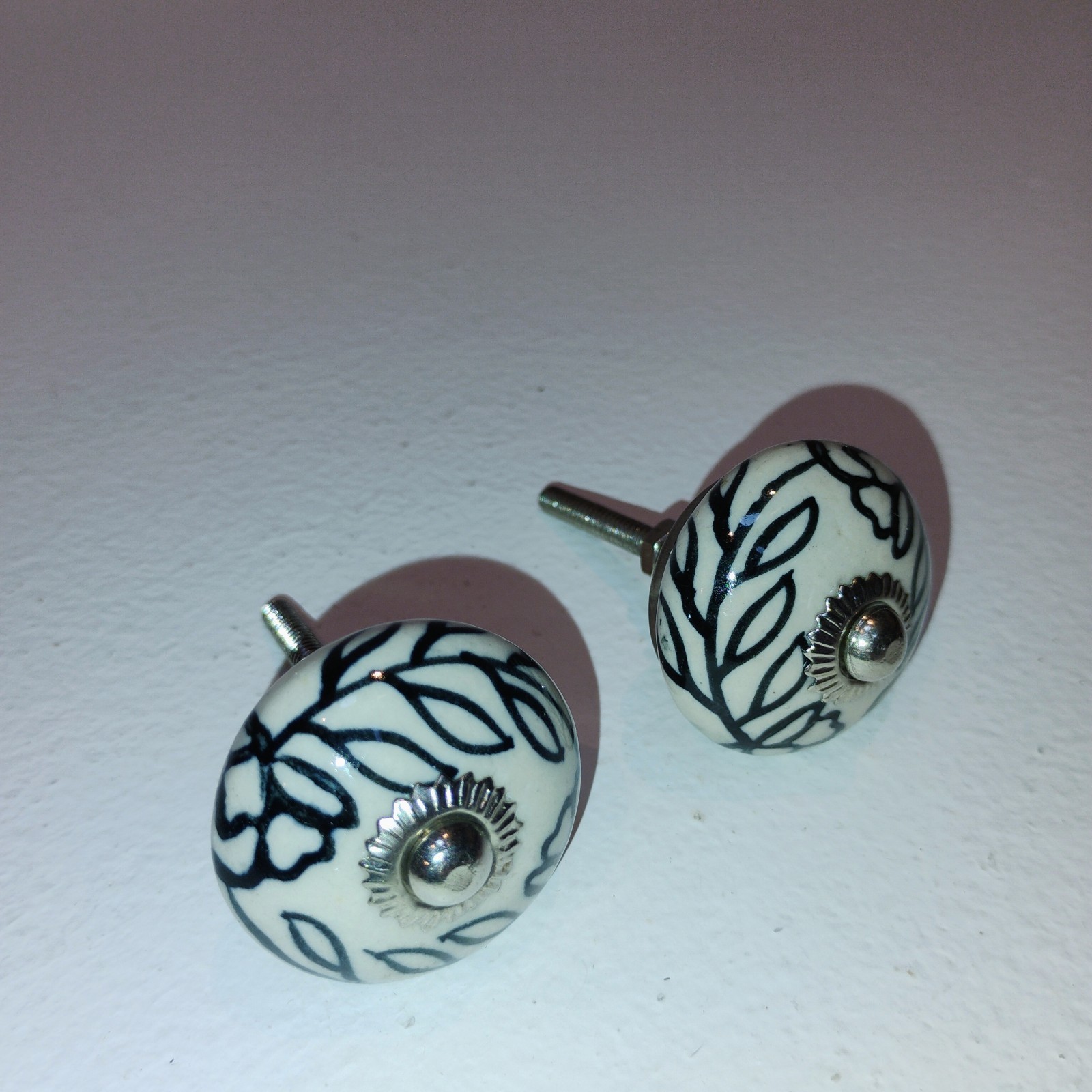 Ceramic Knobs Cabinet Drawer Handles Round Black White Floral Vine