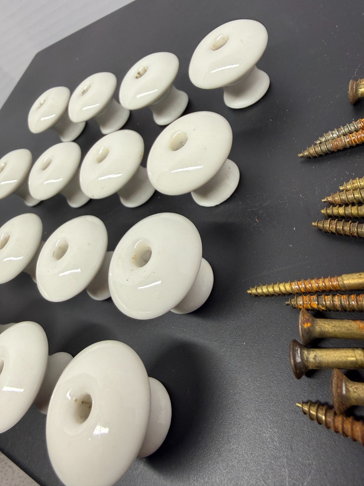 Group of 16 Vintage White Porcelain Pull Drawer Knobs w/ Screws 1-1/4″ Wide