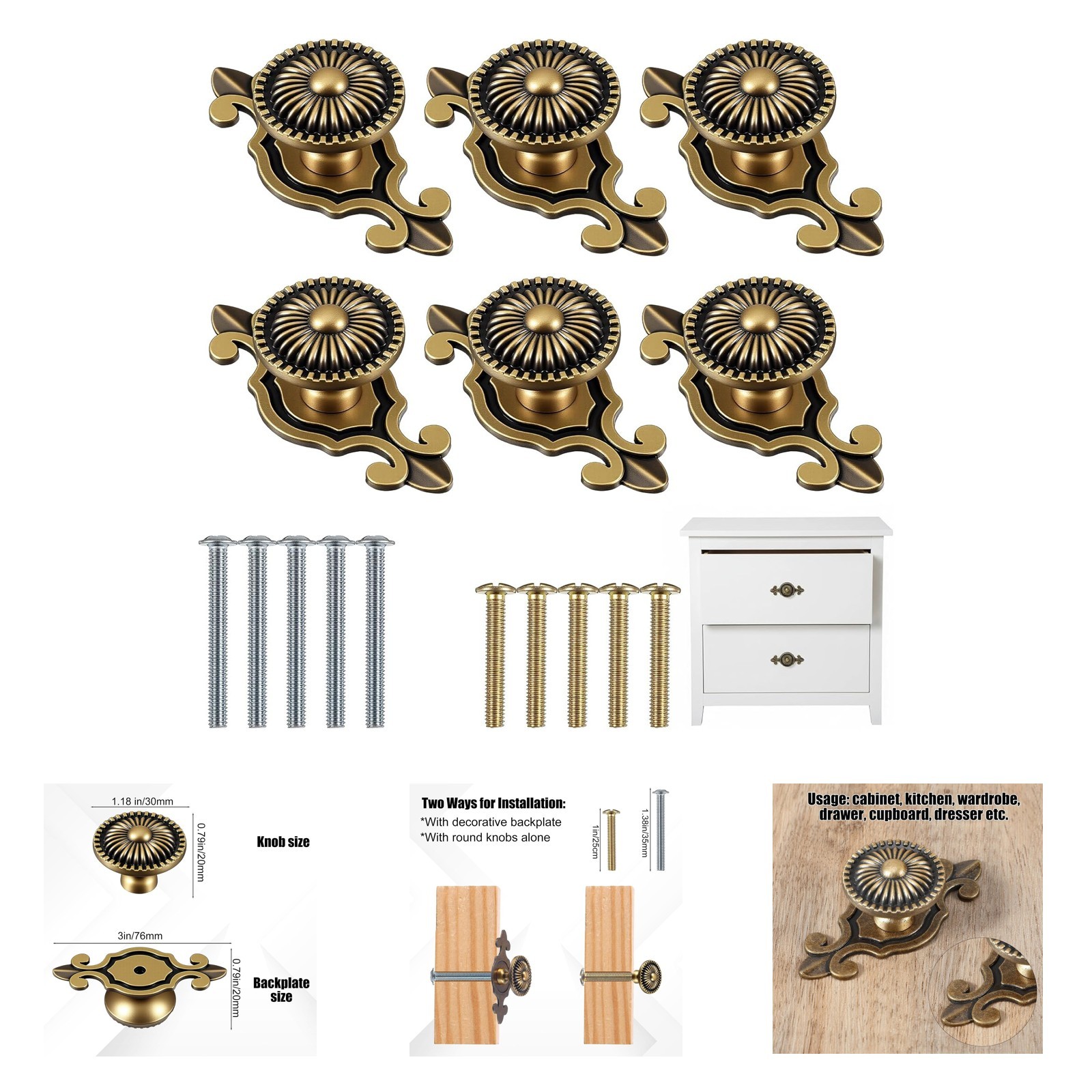 Six Pack Brass Cabinet Knobs Vintage Retro Mushroom Drawer Handles with