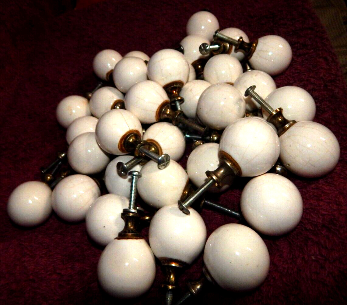 Vintage Porcelain & Brass 1-1/4″ White Round Ball Cabinet Door Drawer Pulls