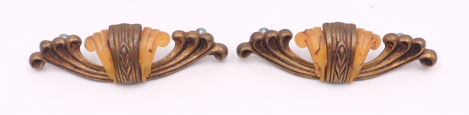2 Art Deco Drawer Pull w/ Bakelite Vintage Knob Brasstone Waterfall Handle Set