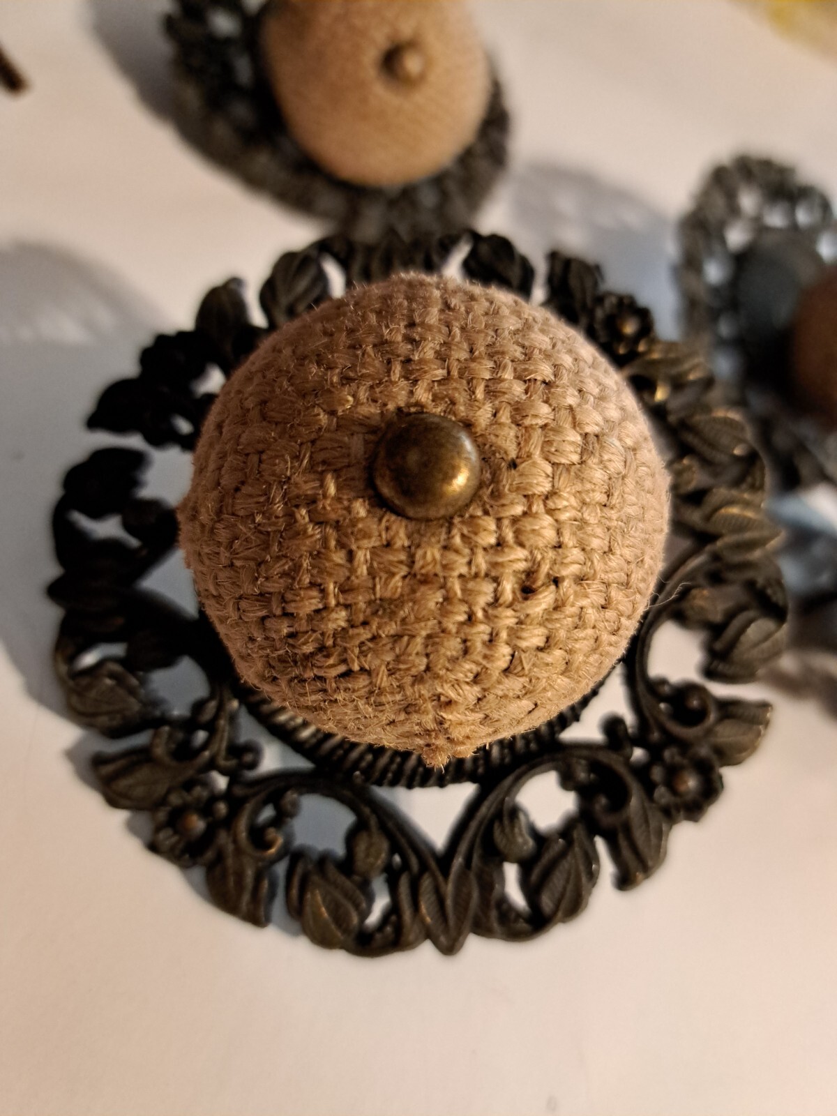 6 Allison Cabinet Drawer Pulls Japan Brass Jute Ball Flower Daisey 3 1/4 Shabby