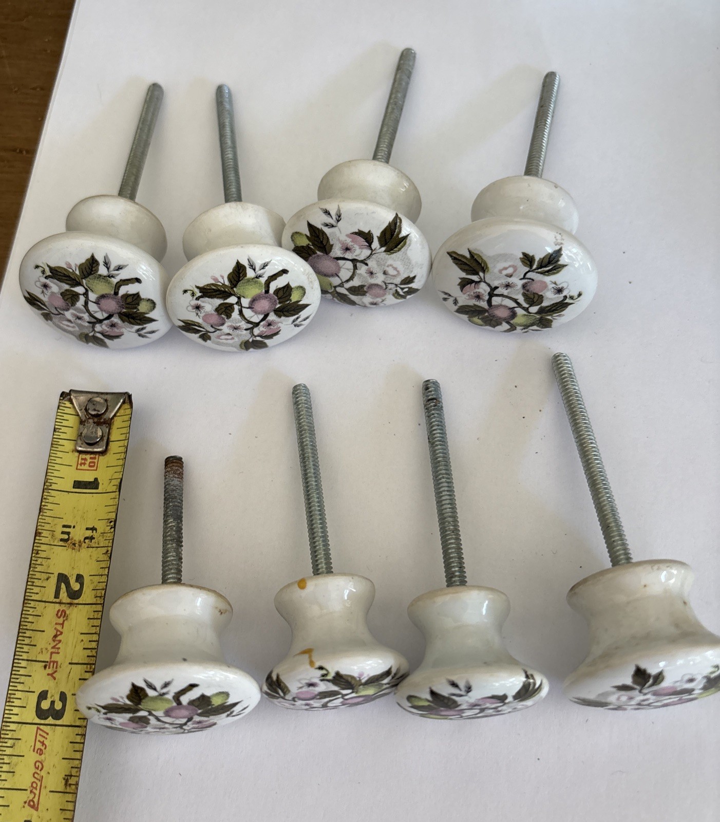 Vtg Porcelain Pulls/Knobs, White Painted Cherry Blossom Floral Design~Lot of 8