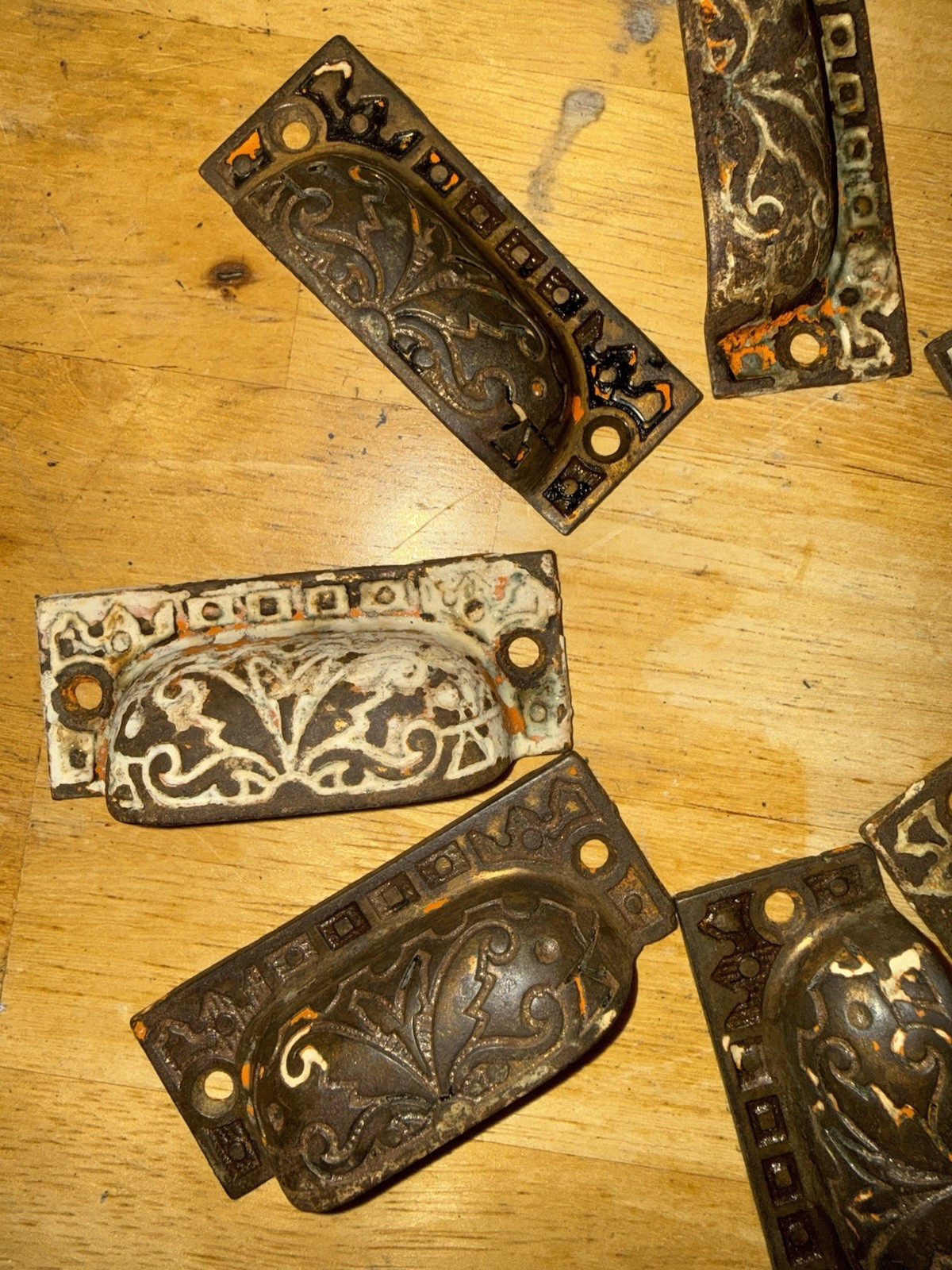 8 vintage VICTORIAN Art NOUVEAU cast IRON Eastlake CABINET drawer PULLS handles