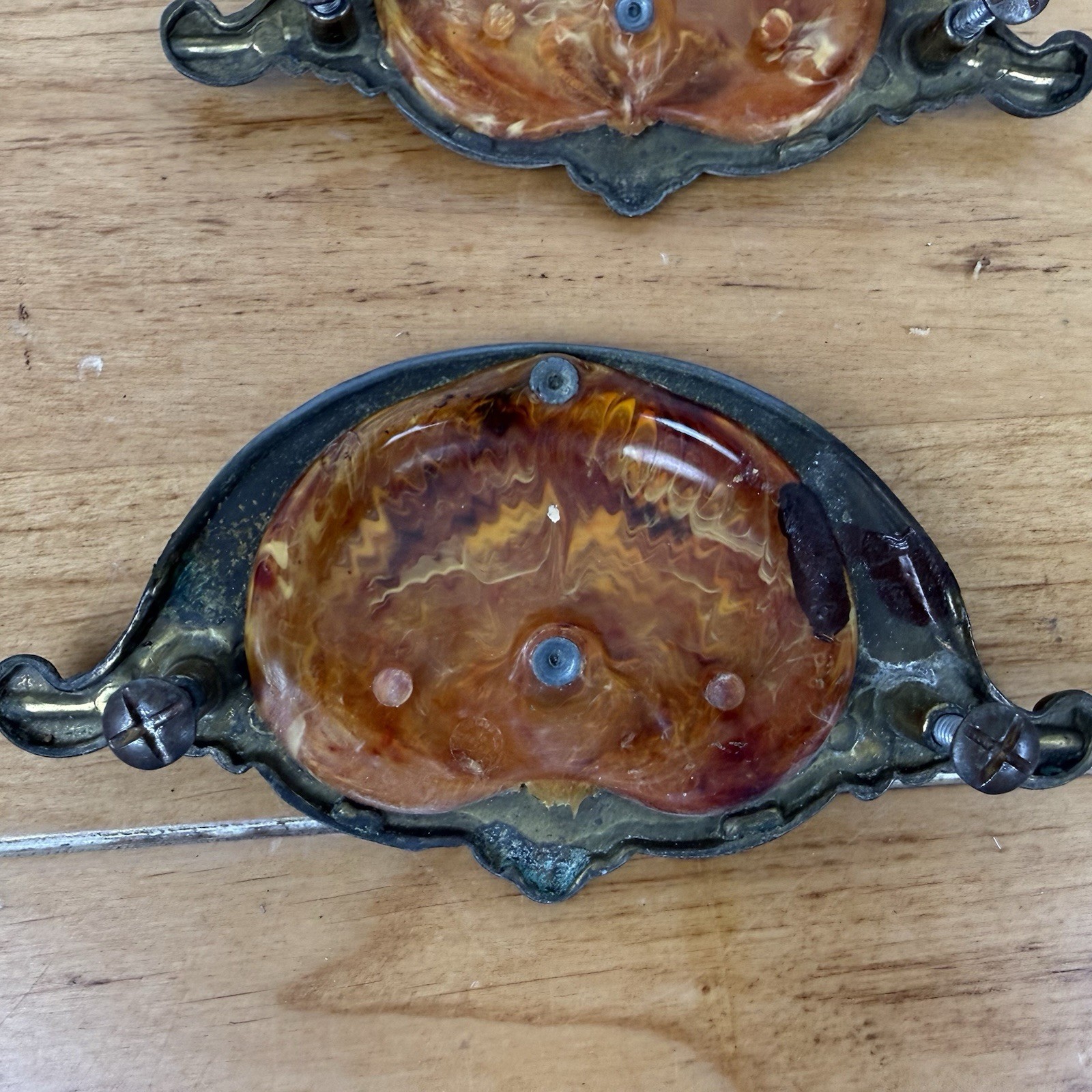 5 Vintage 1930’s-1940’s Keeler Art Deco Celluloid & Brass Original Drawer Pulls