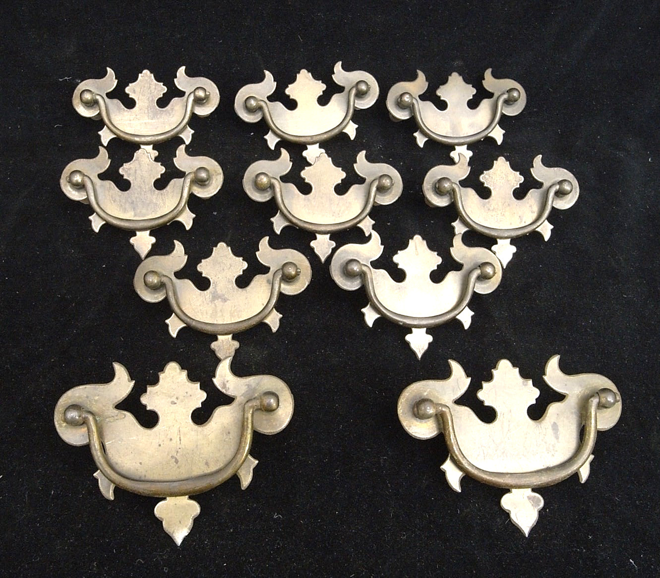 10 CHIPPENDALE STYLE BATWING BRASS TONED DRAWER PULLS in GOOD CONDITION