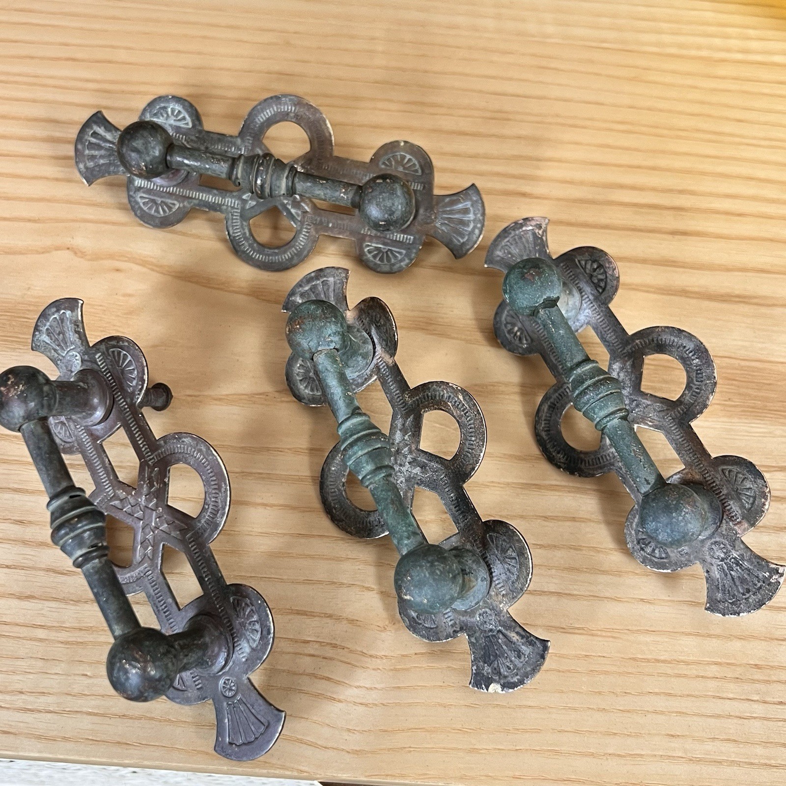 Set of 4 Antique Eastlake / Spanish Revival Drop Drawer Pulls Aesthetic Movement