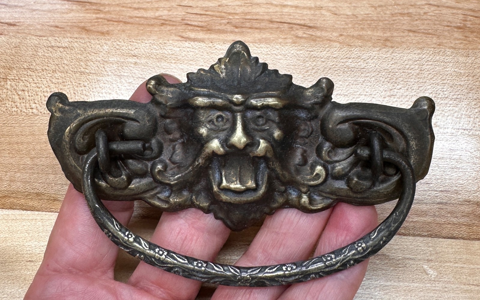 Antique North Wind Lion Face Pressed Brass Drop Bail Dresser Drawer Pull