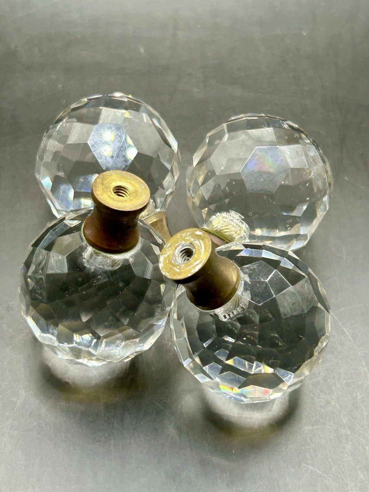 (4) Vintage Round Crystal Faceted Lamp Finials Drawer Pull Knobs/Brass Finish