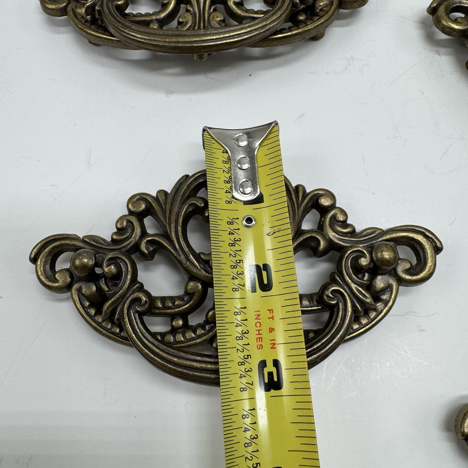 Vintage 1988 80s Antique Brass Bail Drop Drawer Pull Hardware Ornate Replacement