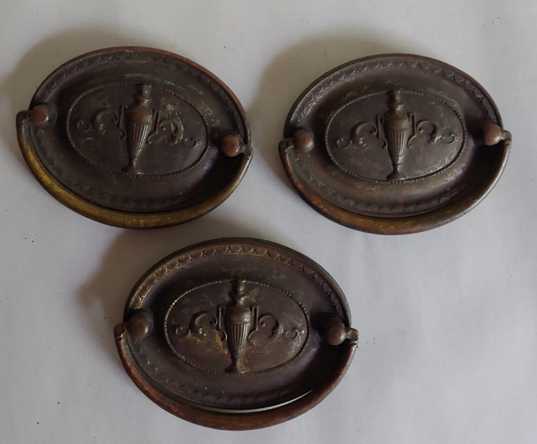 3 VTG/Antique Brass Drop Drawer Pull Oval Backplate Iron Drop Embossed Urn 1920s