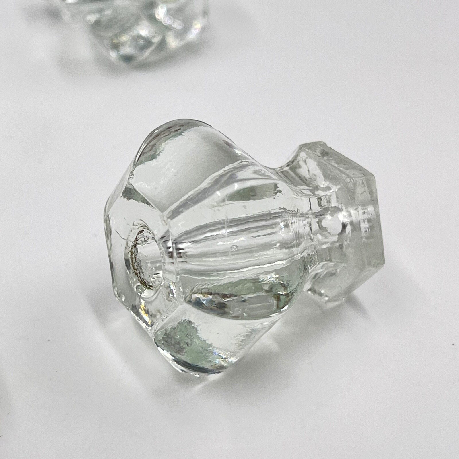 Lot of 5 Vintage Clear Glass 6-Sided Cabinet Pulls / Drawer Knobs, Small Hex Top