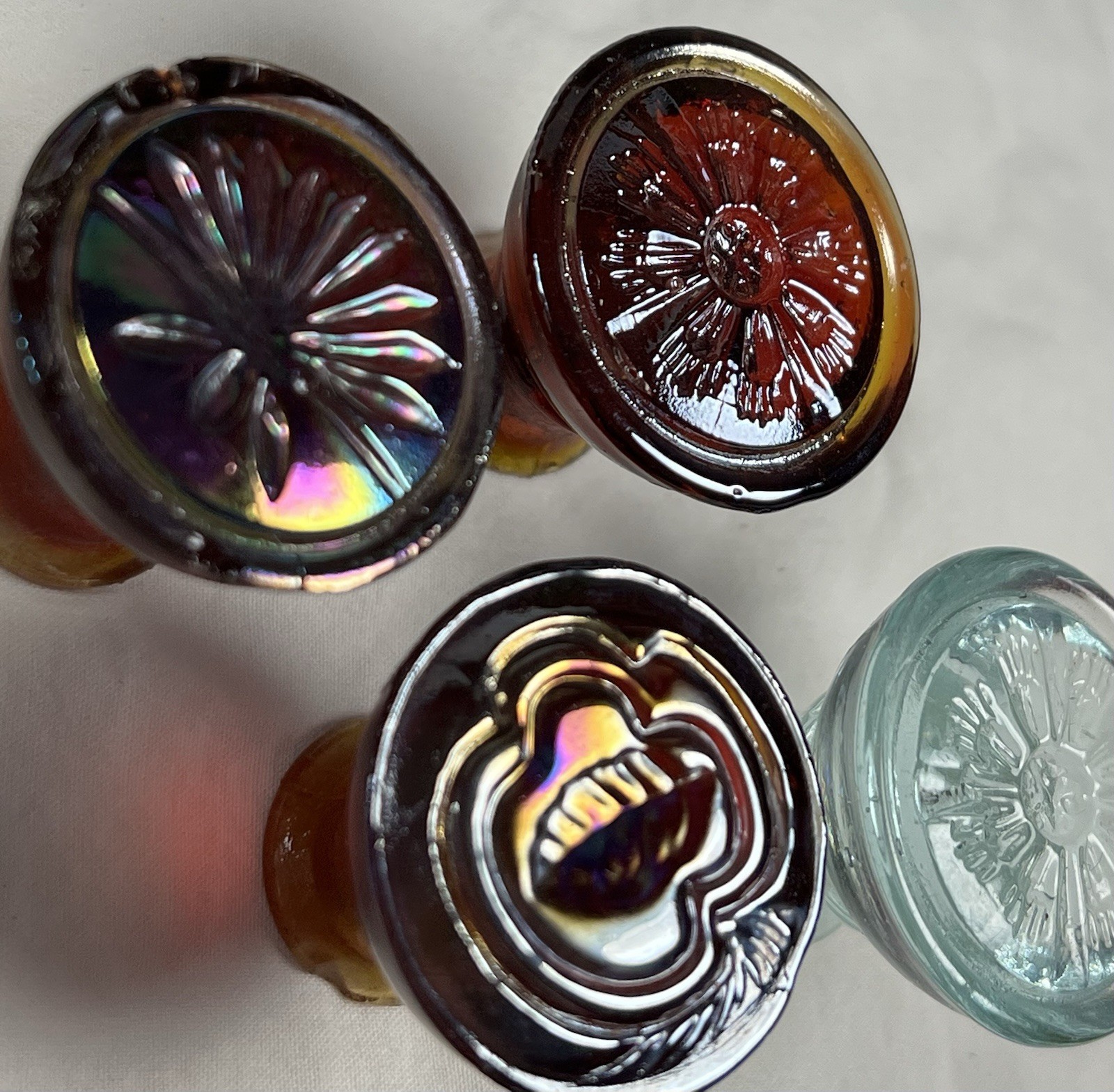 Vintage Glass Cabinet Knobs, 3 reddish Orange, One Greenish Clear,1 1/4 Inch