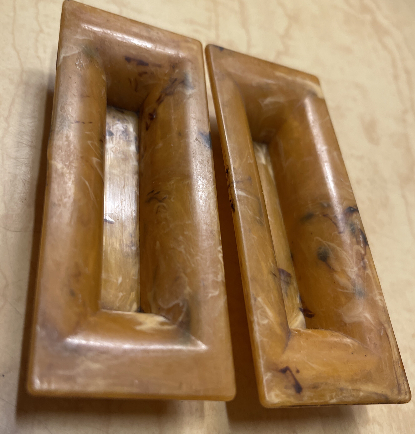 Vintage Celluloid Amber Marbled Drawer Handles Brown White Streaked Rectangular