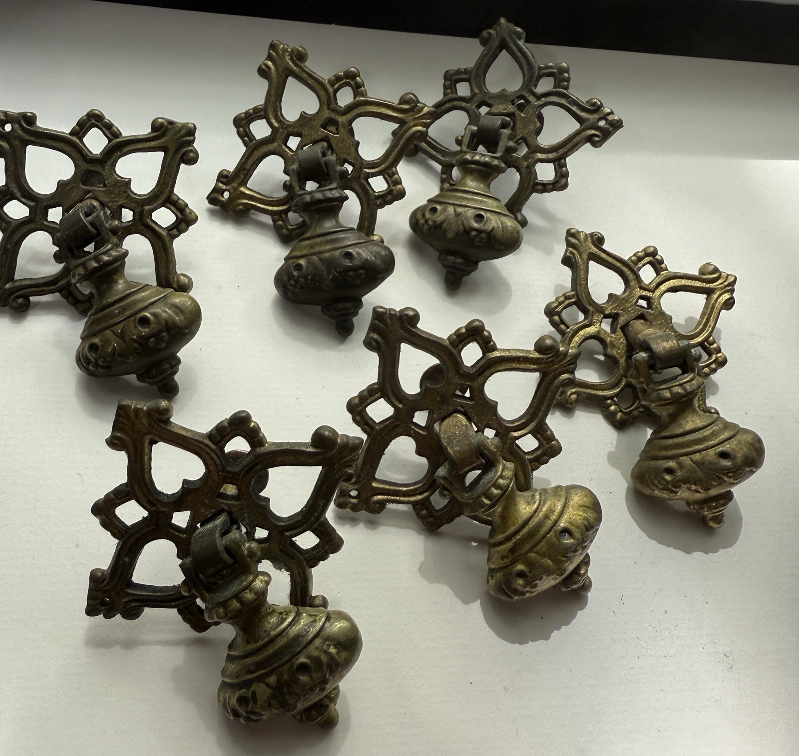 (6) Vintage Keller Brass Co Gothic Tudor Drop Bail Drawer Pulls KBC G606 Ornate