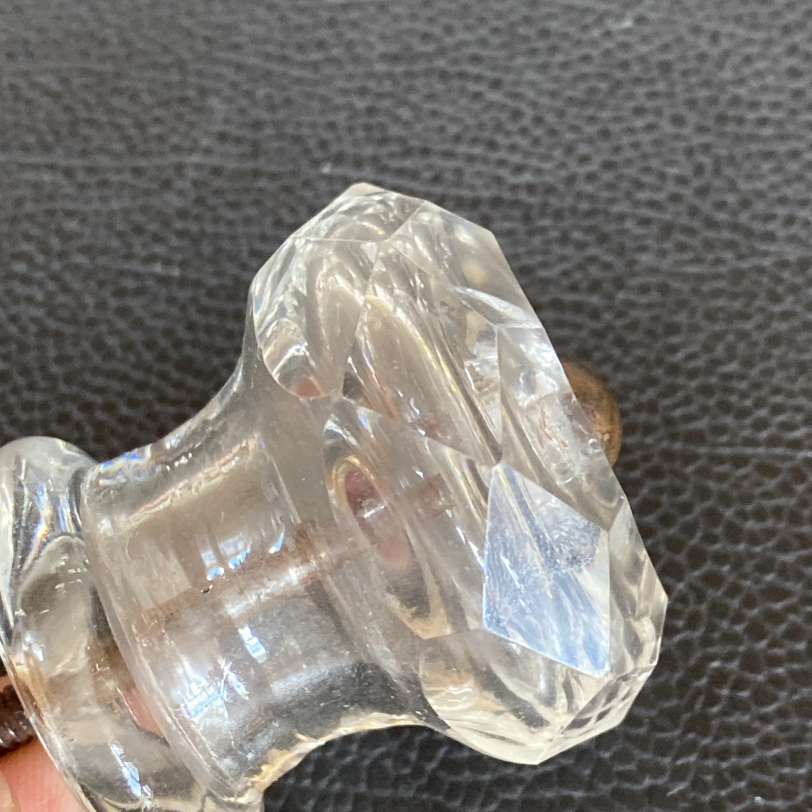 Faceted 1.75”x1-5/8” Antique Pressed Clear Glass Sandwich Drawer Pull Post Bolt