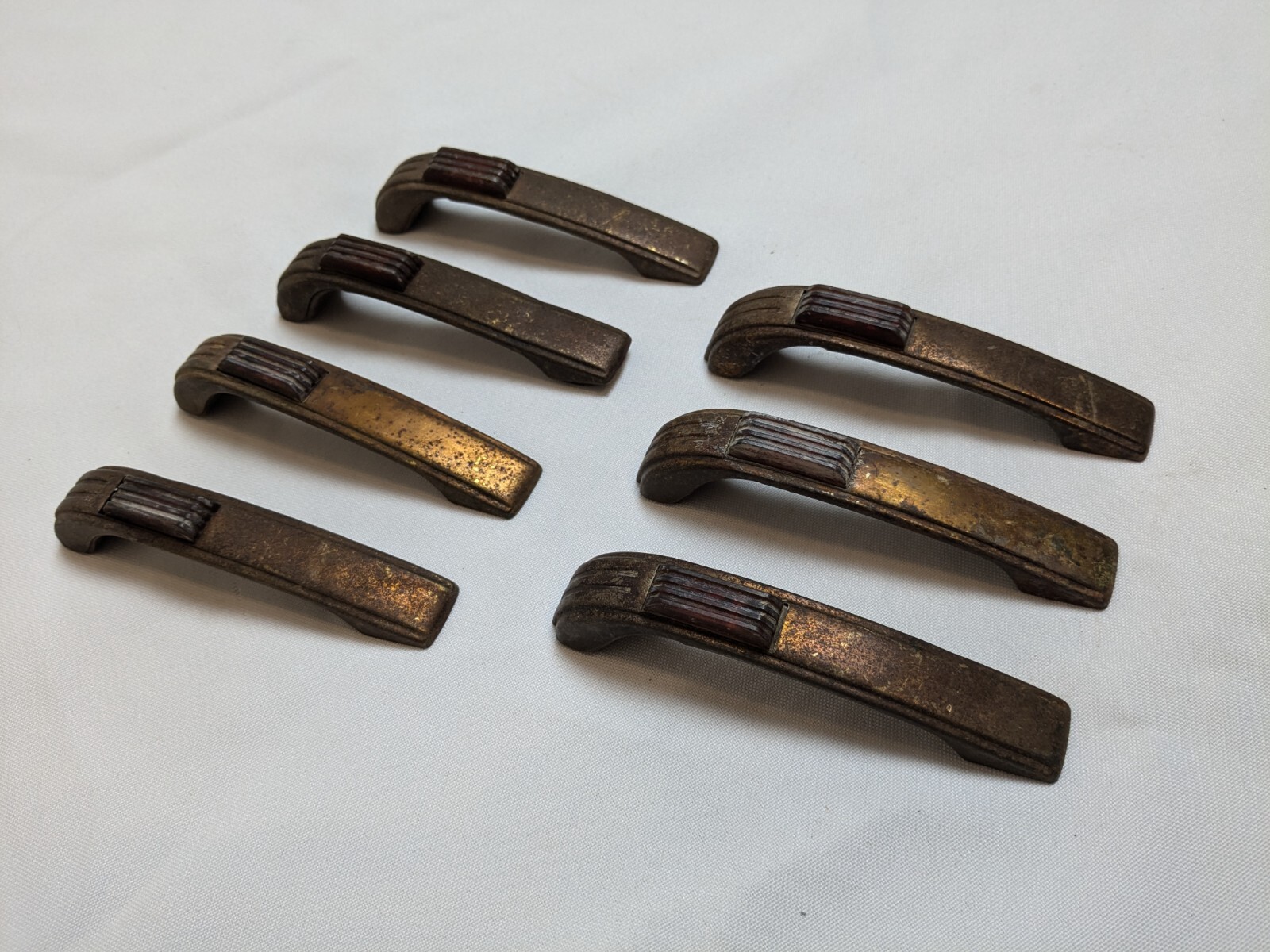 Set (7) 1940’s Amber Bakelite Art Deco Waterfall Drawer Pulls