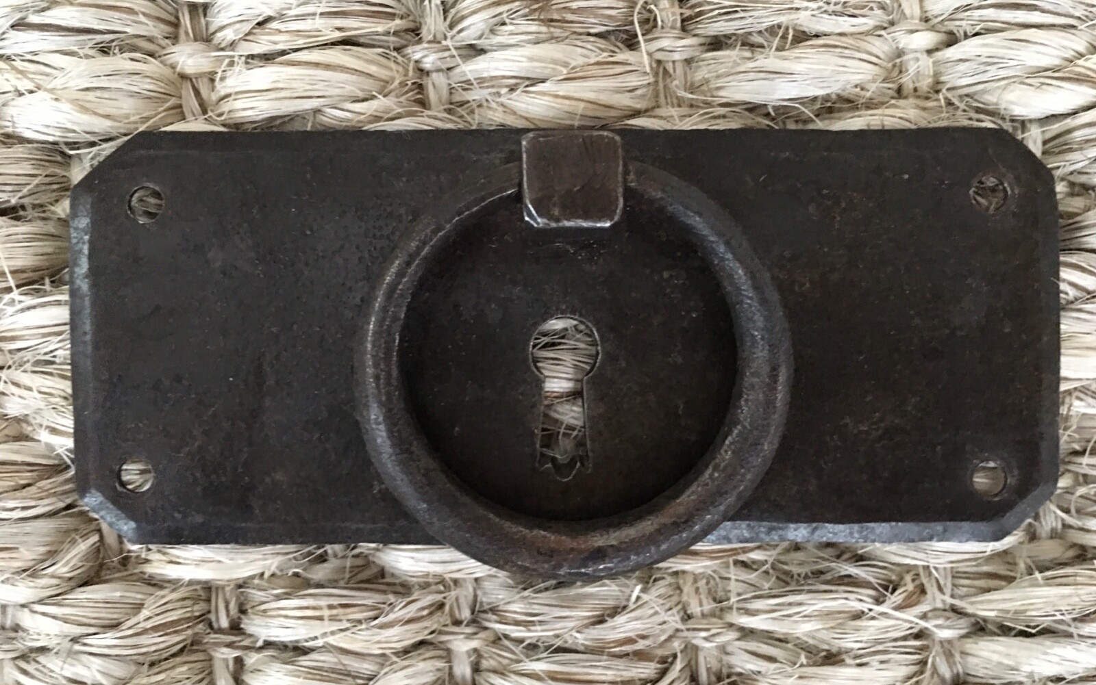 Vintage French Drawer Metal Hardware Drop Ring Pull Keyhole Cover Plate Salvage