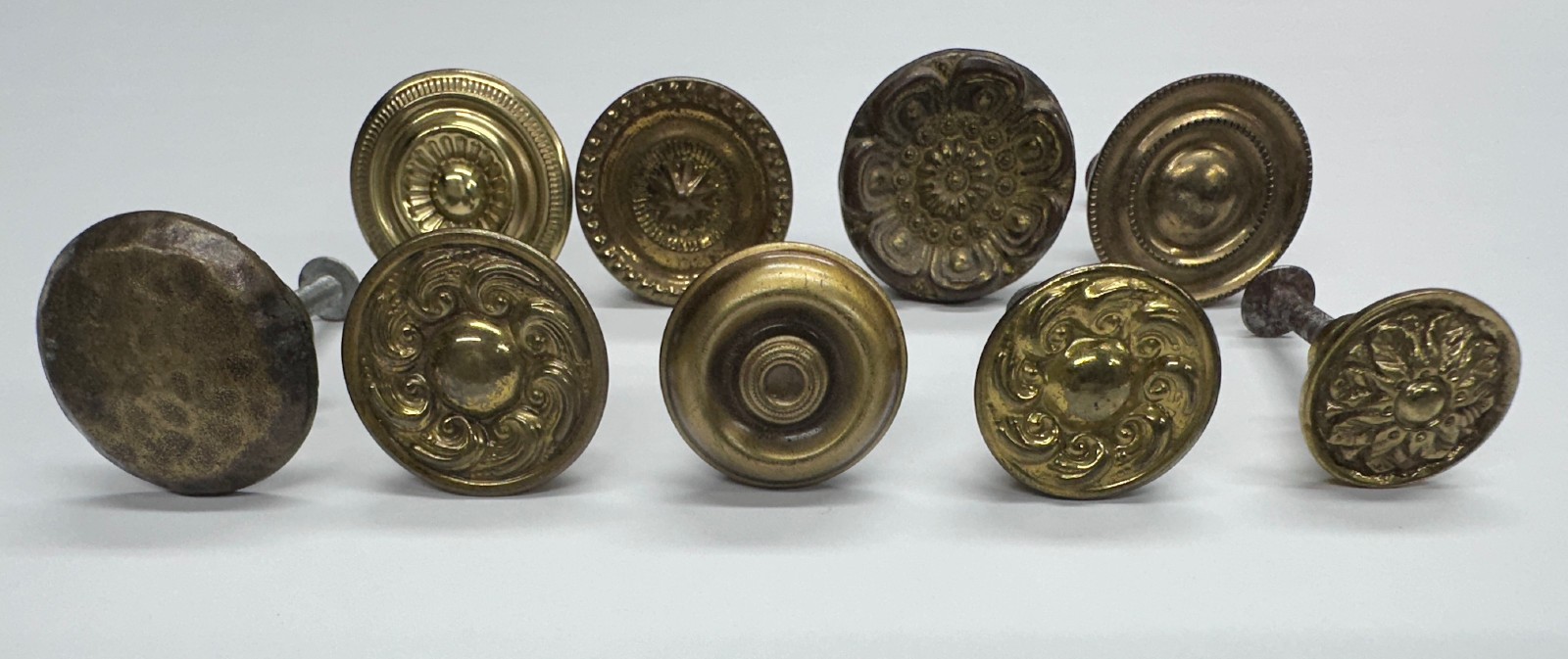 Lot of 9 Antique Brass Round Ornate Embossed Drawer Cabinet Dresser Pulls Knobs
