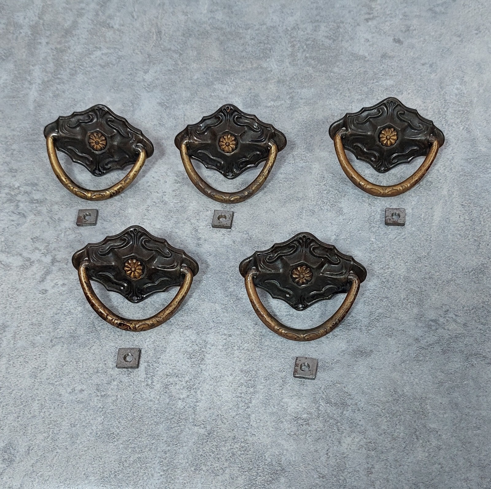 Antique French Drawer Pulls Floral Lot Of 5 Steel Brown Gold