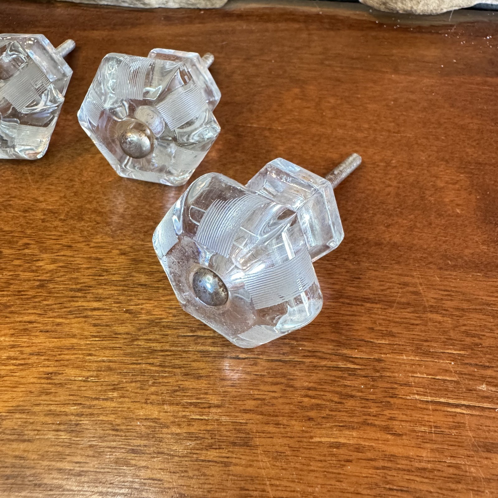 Set of 4 Vintage Hexagon Etched Lined 1.5 in. Glass Drawer Cabinet Knob