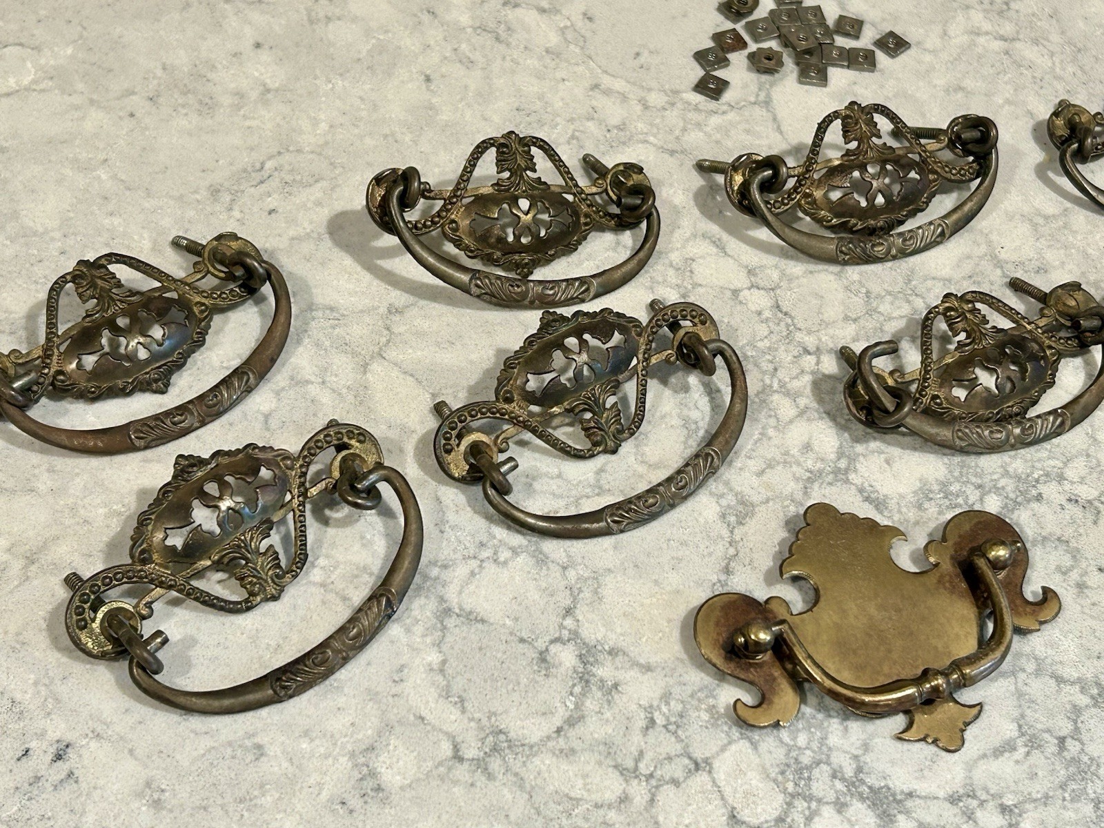 12 ANTIQUE VINTAGE VICTORIAN ORNATE DRAWER HANDLE PULL HARDWARE BRASS