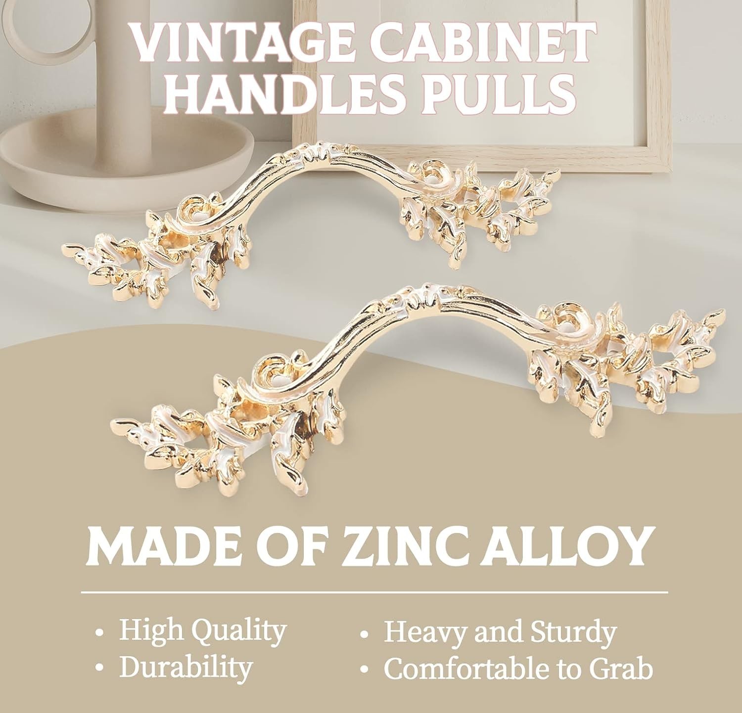 Stylish Gold & White Cabinet Handles 64mm – Durable Zinc Alloy Pulls, Set of 2