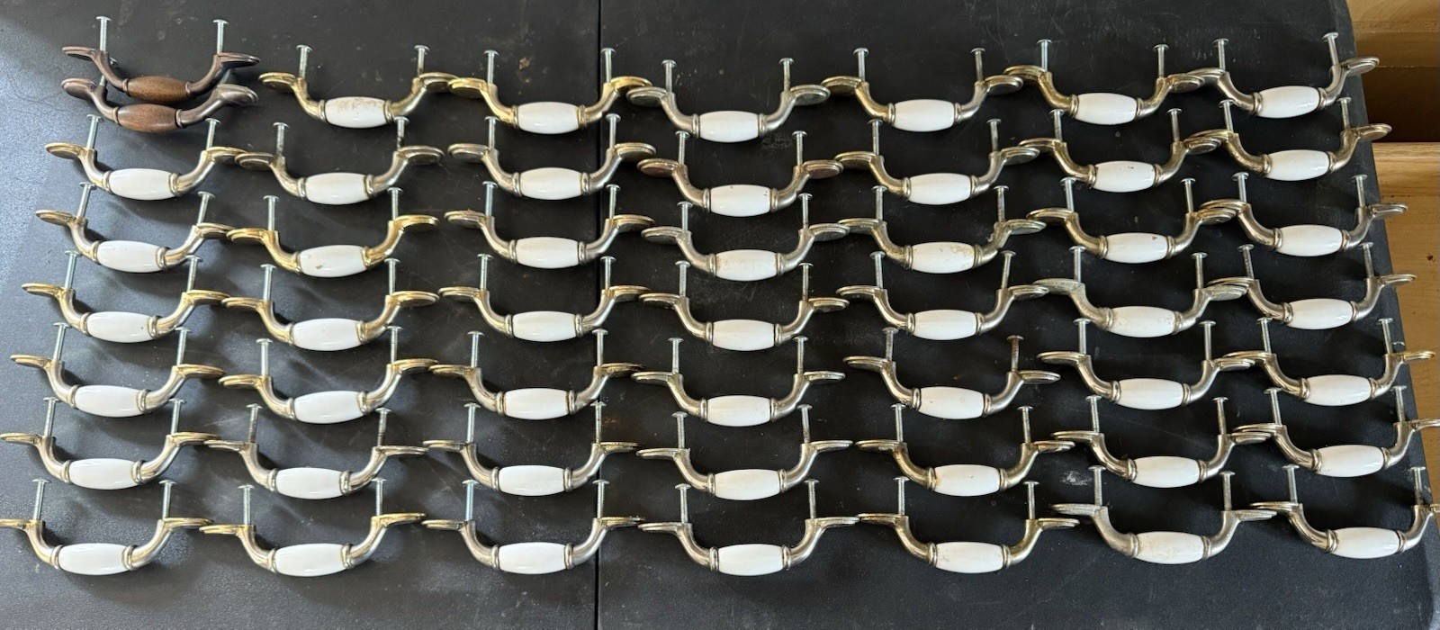 48 Vintage 5” White Porcelain & Brass Furniture Cabinet Door Drawer Pulls USED