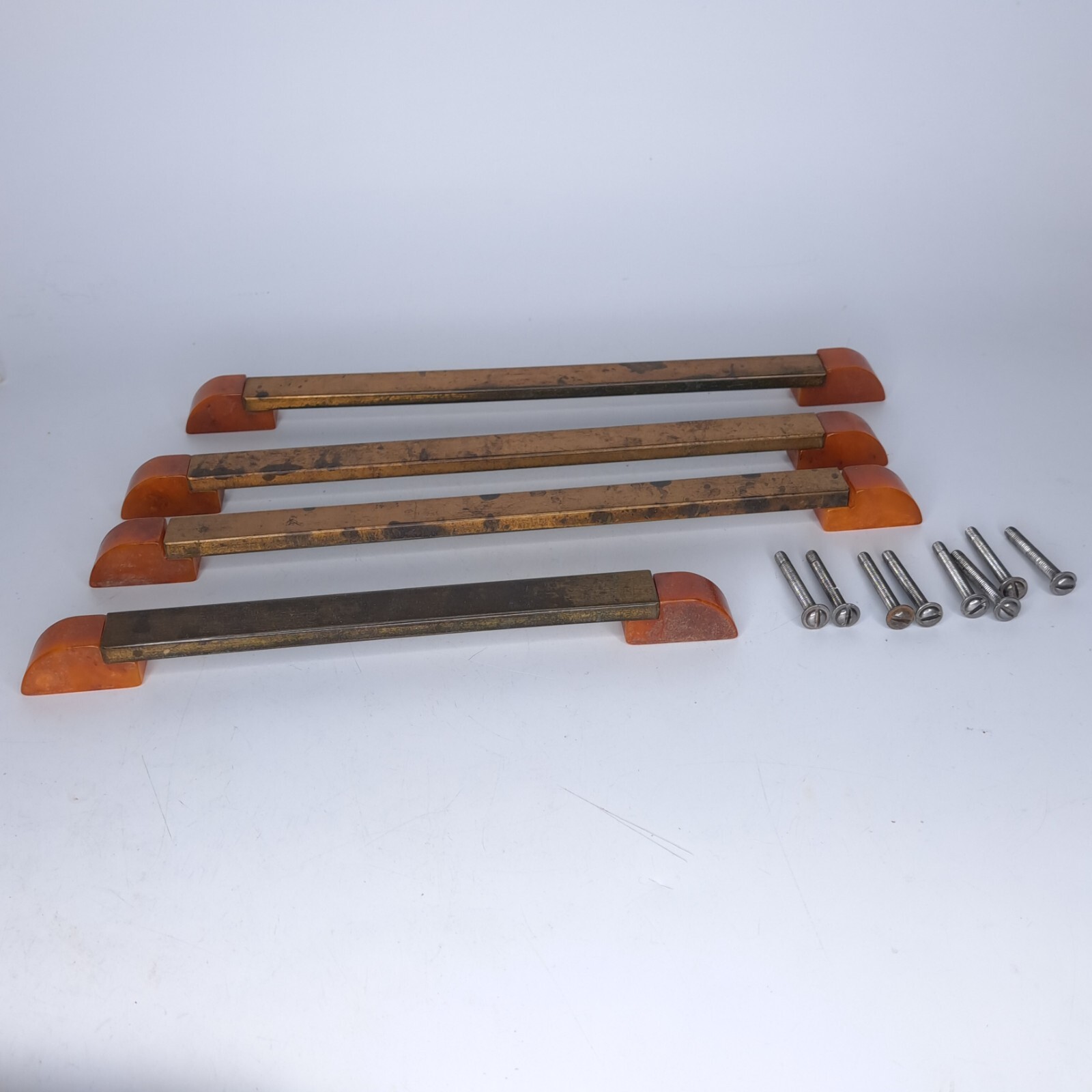 4 Antique ART DECO Butterscotch Bakelite Brass Plated Bar Drawer Pulls Reclaimed