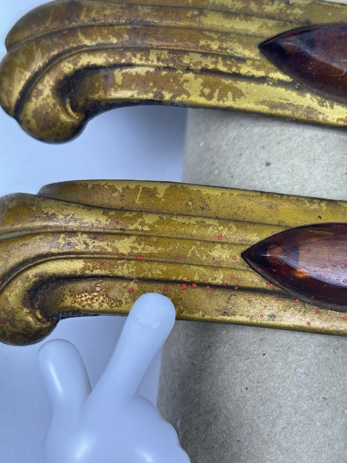 Vintage Art Deco Drawer Pulls Set of 6 Amber Plastic Inlay Waterfall Style