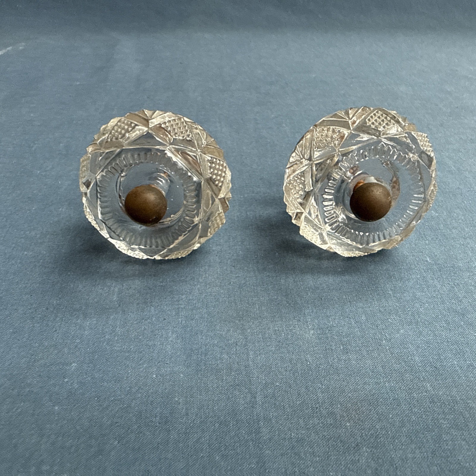 2 Antique Pressed Clear Glass Sandwich Drawer Pulls 1 3/4″ Original Posts